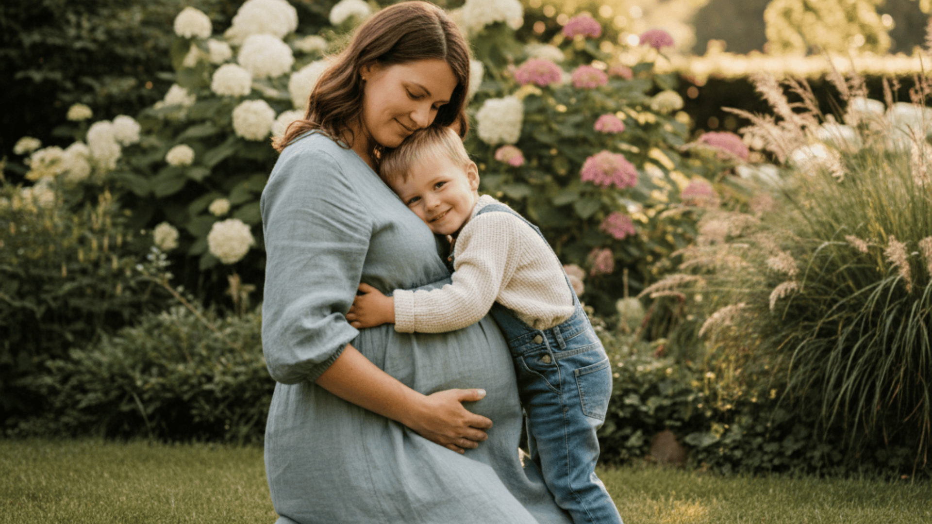 sibling hugging the bump